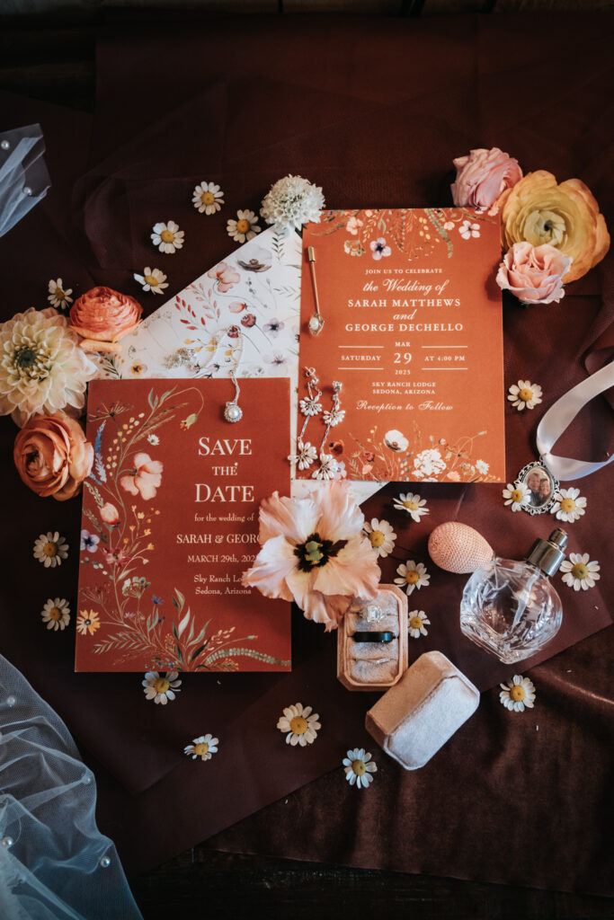 flatlay and wedding details from Sedona Wedding at Sky Ranch Lodge