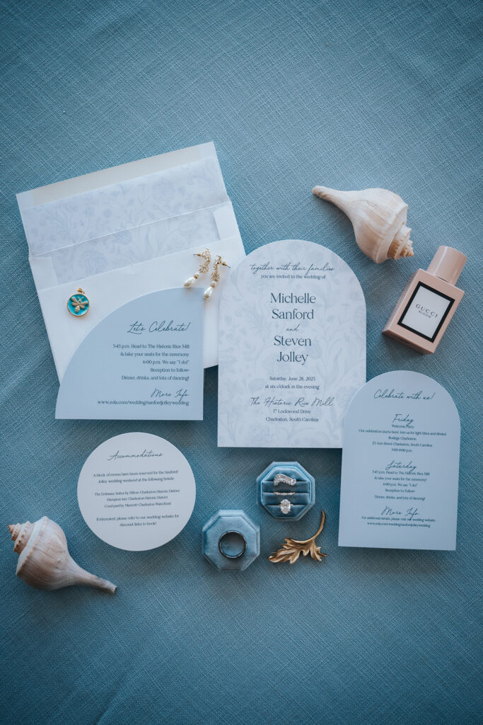 wedding details and flatlay, coastal blues and pink