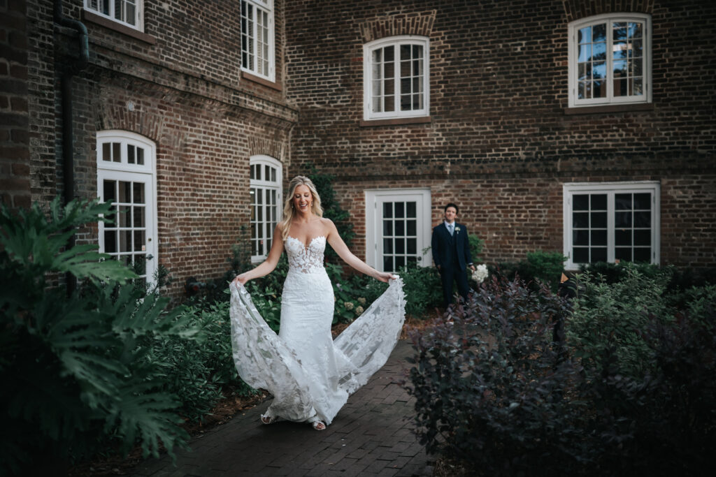 private vows and portraits in front of the historic rice mill before their wedding