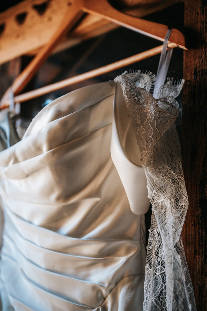 Wedding dress hanging in the bridal suite at The Icehouse Phoenix