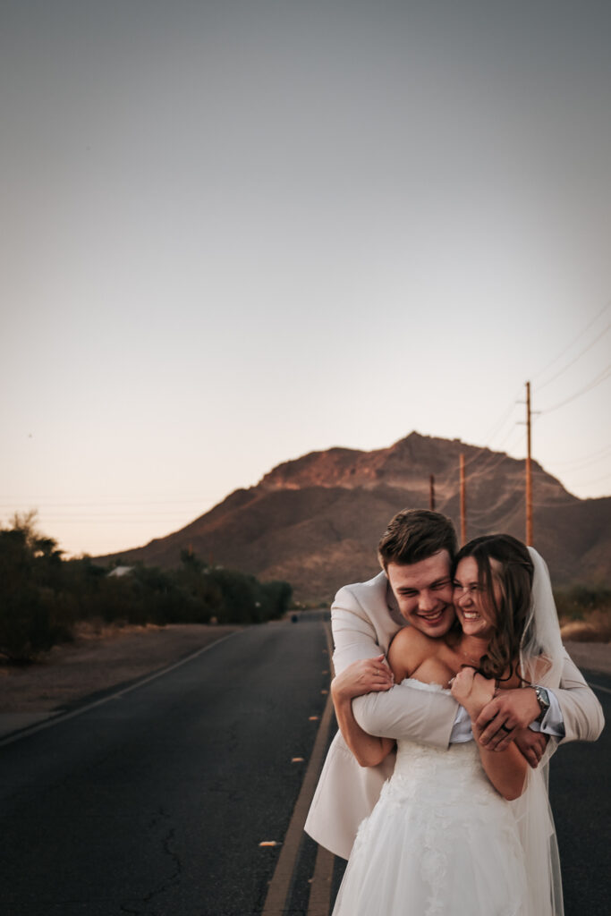 sunset bride and groom portraits at superstition manor