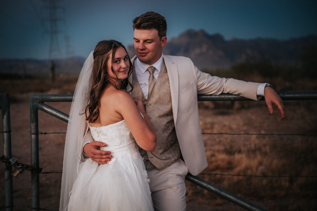 sunset bride and groom portraits at superstition manor