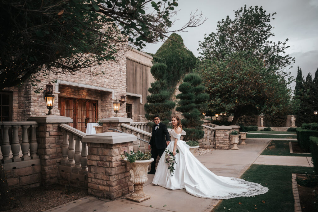 Evening wedding portraits at The Ashley Castle in Chandler Arizona